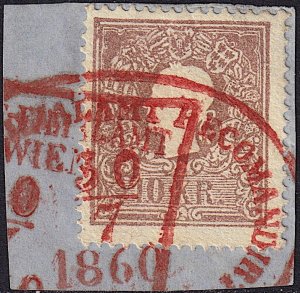 Austria - 1858 - Scott #10 - used on piece - 2 different red WIEN pmks