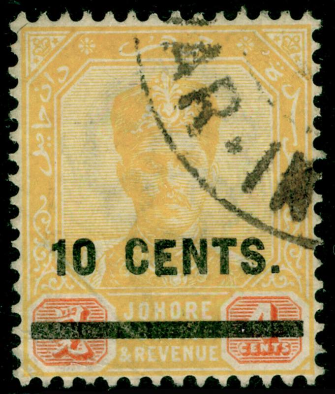 MALAYSIA - Johore SG58, 10c on 4c Yellow & Red, FINE USED. Cat £40. 