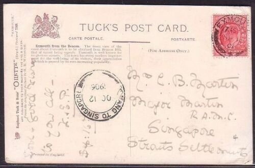 UK TO MALAYA 1905 card to Singapore PENANG TO SINGAPORE marine sorter cds..34815