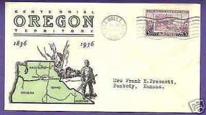 783  OREGON TERRITORY 3c 1936, WALLA WALLA, LINPRINT FIRST DAY COVER....