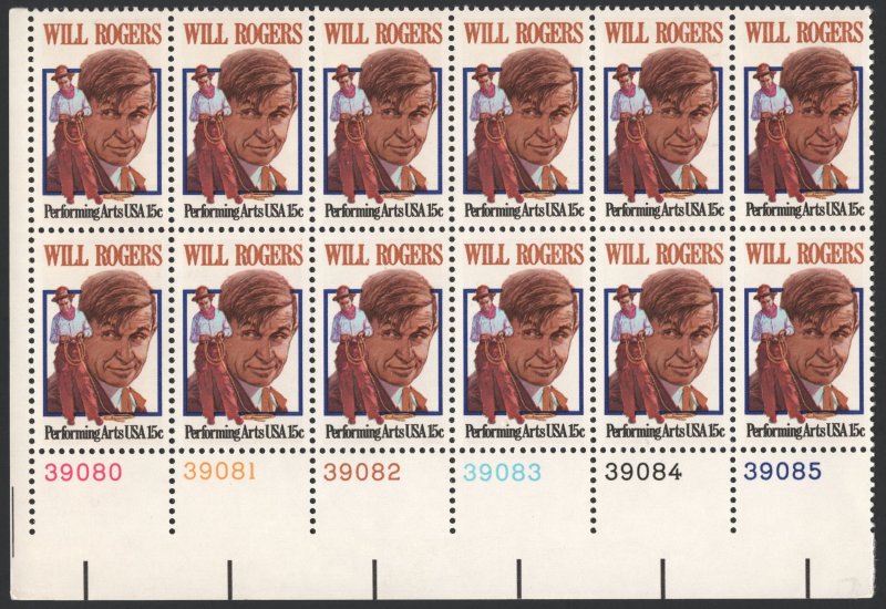 SC#1801 15¢ Will Rogers Plate Block of Twelve (1979) MNH