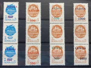 (948) LATVIA 1991 : Sc# 308-311 IN STRIPS OF 3 WITH 1 WITHOUT OVPT - MNH VF