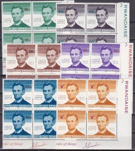 Rwanda, Scott cat. 92-97. President Abraham Lincoln. Blocks of 4.