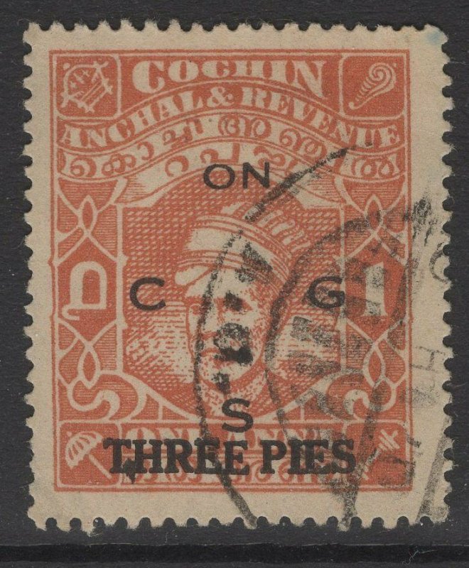 INDIA-COCHIN SGO76 1944 3p on 1a BROWN-ORANGE USED