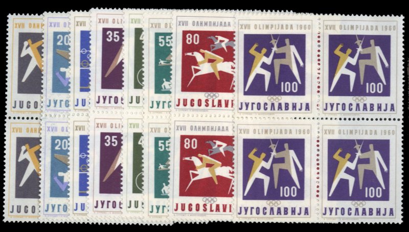 Yugoslavia #564-571 Cat$49.60, 1960 Olympics, complete set in blocks of four,...