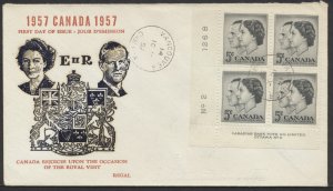 1957 #374 Royal Visit FDC Plate Block Regal Cachet Vancouver CDS