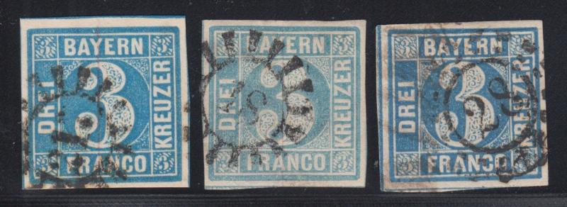 Bavaria Sc 2, 2a, 2b used. 1849 3kr Numeral, 3 colors per Scott, sound, F-VF.