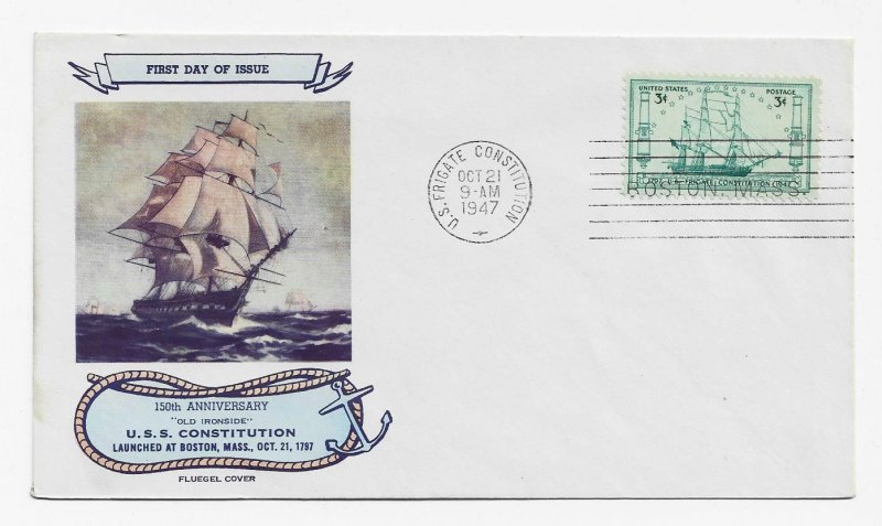 US 951 (Me-1) 3c Frigate Constitution FDC Fluegel Multi-Color Cachet ECV $70.00