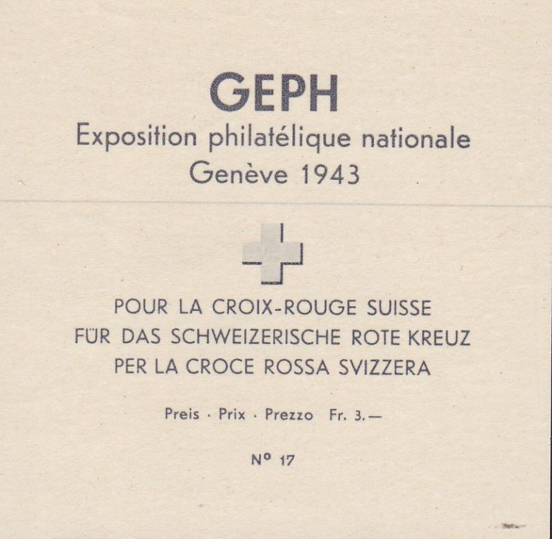 Switzerland 1943 Geneva Stamp Expo Souvenir Sheet. Sct.B132/Zum.W18 VF+/NH/(**).