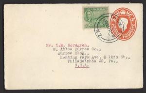 NEW ZEALAND 1947 Uprated KGVI 2d Postal Stationery Envelope THAMES to USA