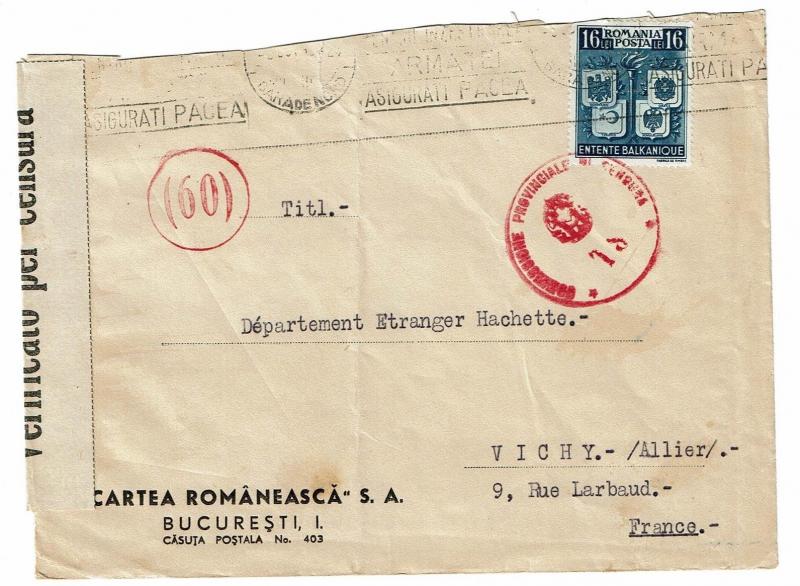 Romania WWII Censored Cover to Vichy France - Z399