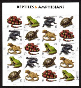 US #3814 - 18, 37c Reptiles and Amphibians, Sheet-VF mint never hinged, fresh...