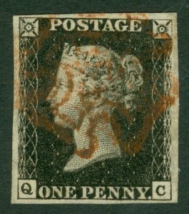 SG 2 1d black plate 5 lettered Q.C. Very fine used with a brown Maltese cross