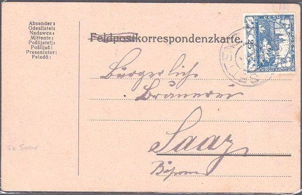 CZECHOSLOVAKIA 1919 25h imperf on postcard SETTENZ to SAAR.................53840