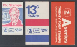 US Sc BK117A, BK128, BK133 1975-1978 Intact Booklets, 3 different, VF