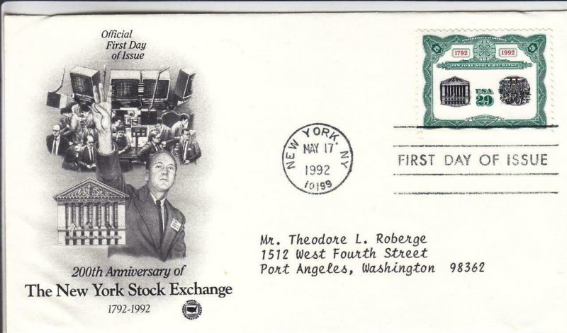 1992, 200th Anniv. New York Stock Exchange, PCS, FDC (D15370)