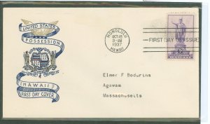 US 799 1937 3ct Hawaii (part of the US Possession series) on an addressed (typed) first day cover with a Plimpton cachet.