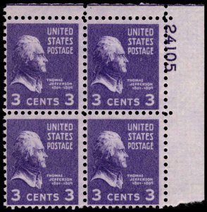 US #807 JEFFERSON MNH UR PLATE BLOCK #24105