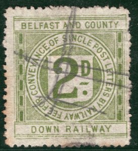 GB Ireland B&CDR RAILWAY QV Letter Stamp 2d BELFAST & COUNTY DOWN Used Pen BRW40