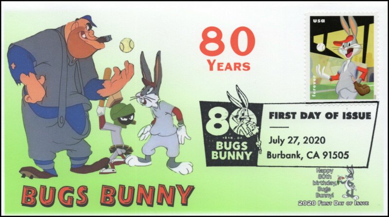 20-212, 2020, SC 5502, Bugs Bunny, First Day Cover, Pictorial Postmark, 80th Ann