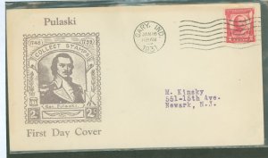 US 690 1931 2c General Pulaski Commemorative (single) on an addressed FDC with a Roessler cachet and a Gary, IN cancel