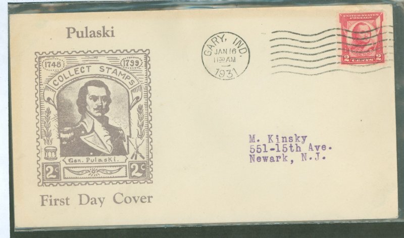 US 690 1931 2c General Pulaski Commemorative (single) on an addressed FDC with a Roessler cachet and a Gary, IN cancel