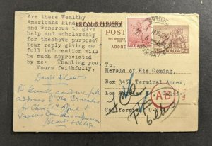 1955 Byculla Bombay India Postal Stationary Cover to Los Angeles USA AB Aux