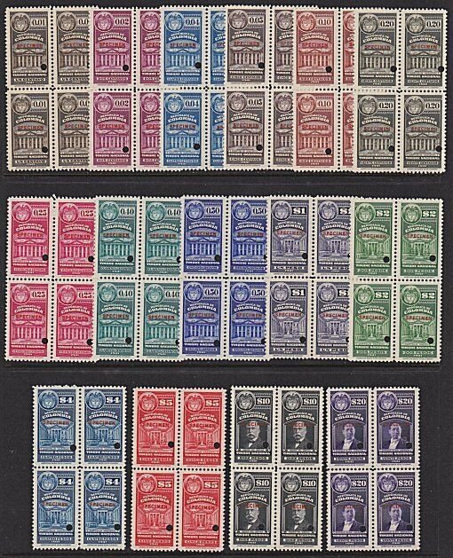 COLOMBIA 1941 Revenues - 15 to $20 SPECIMEN + security punch blks of 4......6000