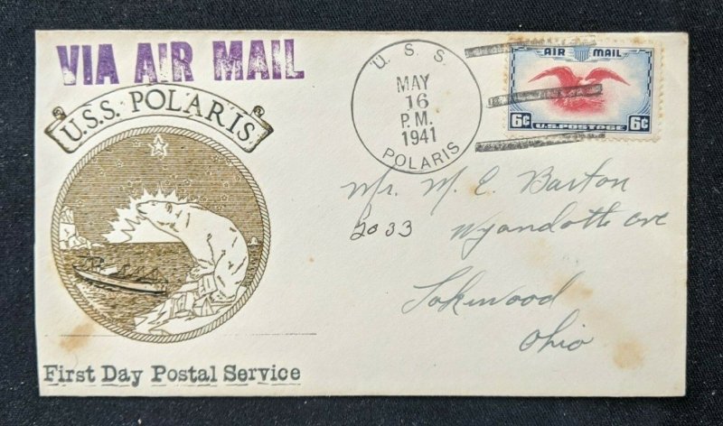 1941 USS Polaris US Navy First Day Airmail Cover FDC to Ohio with Contents