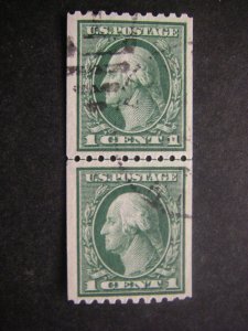 Scott 441, 1c Washington vert coil, LINE PAIR, Used Early Coil Beauty, CV $40