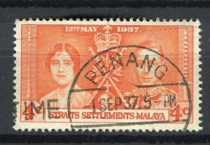 MALAYA; 1937 early GVI Coronation issue used 4c. + fine Penang Postmark