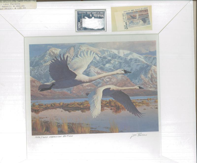 UTAH #1 1986 STATE DUCK STAMP PRINT WHISTLING SWANS SILVER MED  by Leon Parson 