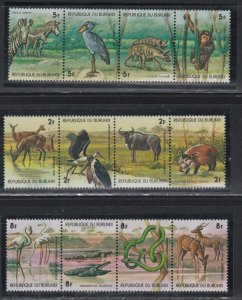 Burundi # 517-522, C258-263, Wildlife, Strips of 4, Mint NH, 1/2 Cat.