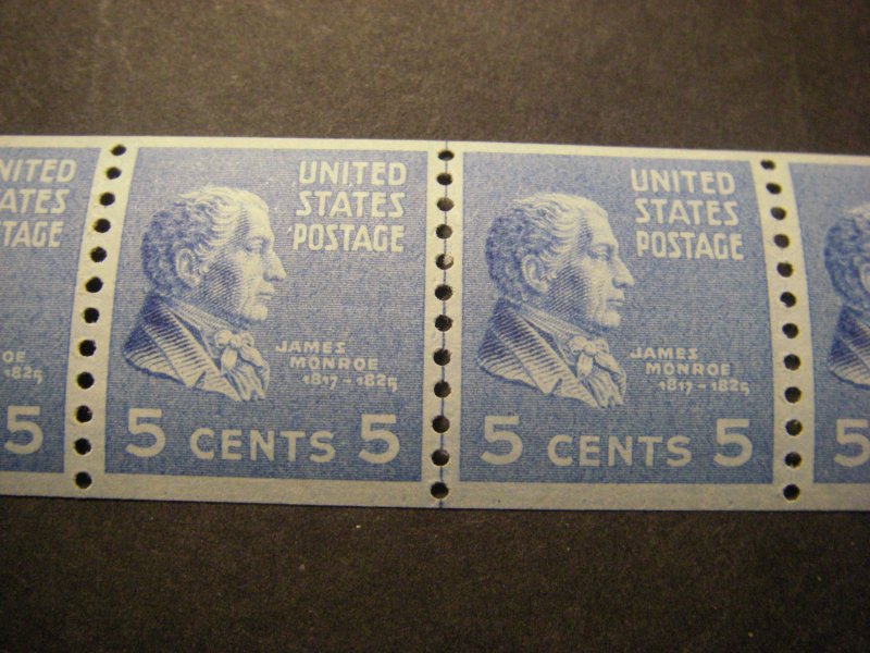 PREXIE Line Pair centered in strip, Scott 845, 5c Monroe, MNH Prexie Coil Beauty