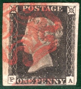 GB PENNY GREY-BLACK 1840 QV SG.3 1d Plate 2 (PA) VARIETY Used Cat £500 BRRED61