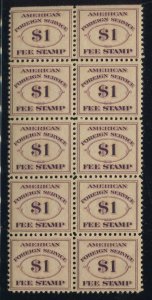 RK22 $1 Consular Fee Revenue RARE Mint Block of 10 Stamps NH w/ PF Cert HZ58