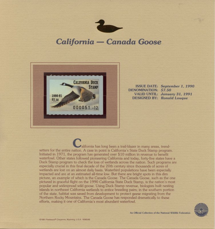 United States 1990 Federal and State Duck Stamps on Fleetwood Presentation Cards