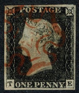 GB 1d Black. Plate 2 TE. Four margins cancelled by neat red Maltese Cross.