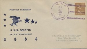 Naval Cover USS Chaumont cancel USS Griffin design T.G. Nickolson cachet 1941