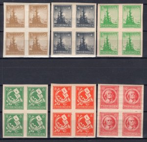 GERMANY SOVIET ZONE THURINGIA 16N1-16N6 RARE IMPERF BLOCKS OF 4 PERFECT MNH (1)