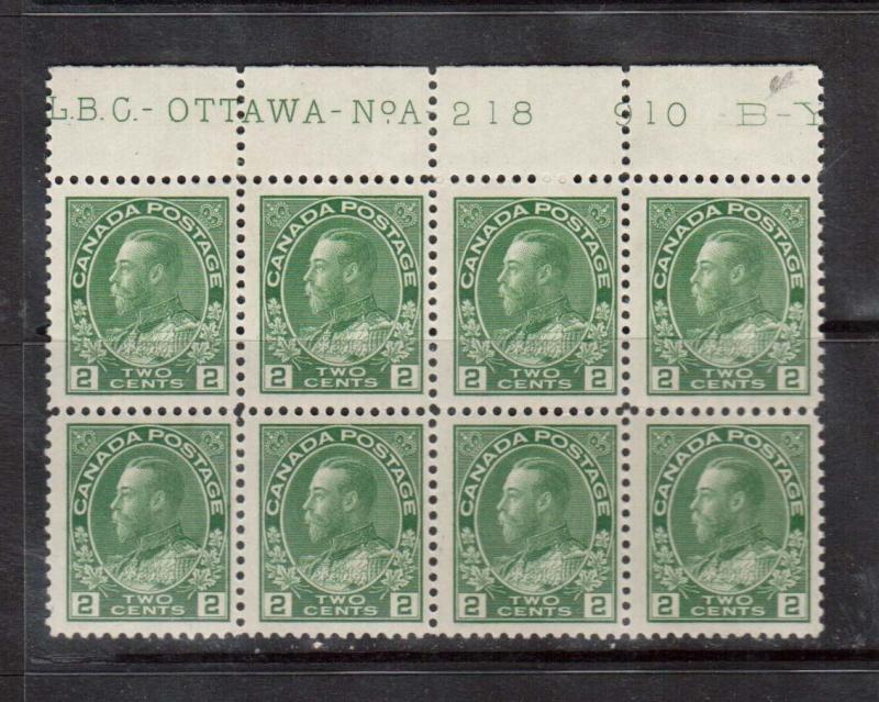 Canada #107 NH Plate #218 Top Block Of Eight