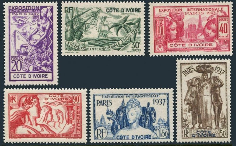 Ivory Coast 152-157,158,MNH.Mi 153-158,Bl.1. Colonial Art Exposition,Paris 1937.