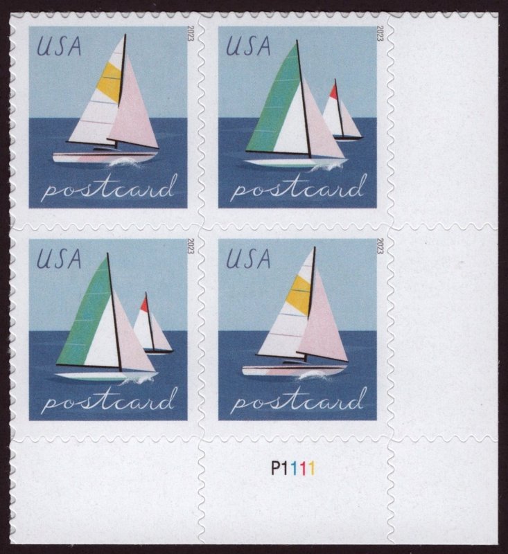 SC#5747-48 (Forever Postcard Rate) Sailboats Plate Block: LR #P1111 (2023) SA