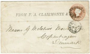 Barbados 1890 cancel on 1d stationery envelope to DENMARK