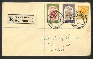 JORDAN SCOTT C2 C3 & N7 STAMPS RAMALLAH TO JERUSALEM REGISTERED COVER 1952