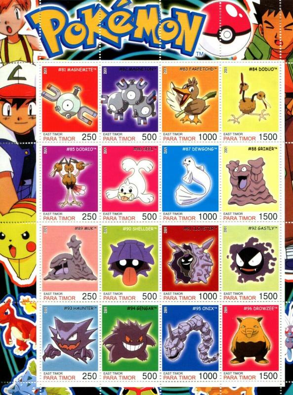 Complete 160 POKEMON Cinderella Stamps PARA TIMOR set of 10 Full Sheets 2001