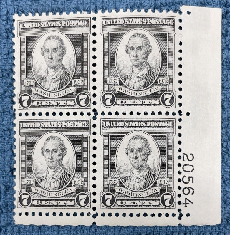 Scott #712, 7c Washington Bicentennial Plate Block, VF MNH