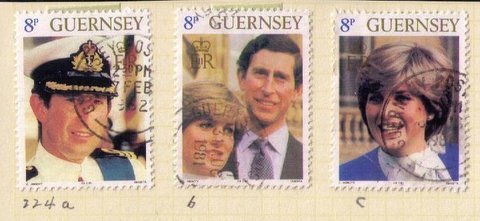 Guernsey 224 a-b-c Used Set Prince Charles and Princess Diana F-VF