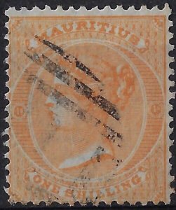 Mauritius 1863 1 Sh. yellow used, SG 68/ Sc 39a, wmk CC. CV £38       (a1245b