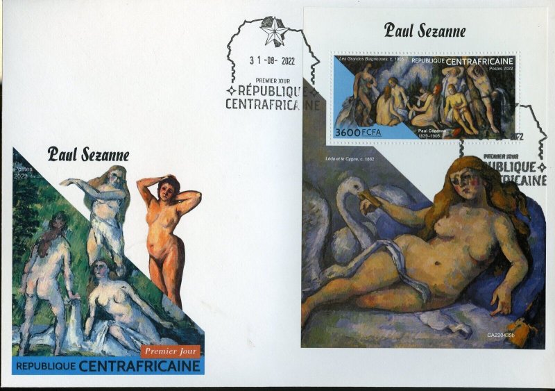 CENTRAL AFRICA 2022 PAUL CEZANNE NUDE PAINTINGS S/SHEET FIRST DAY COVER